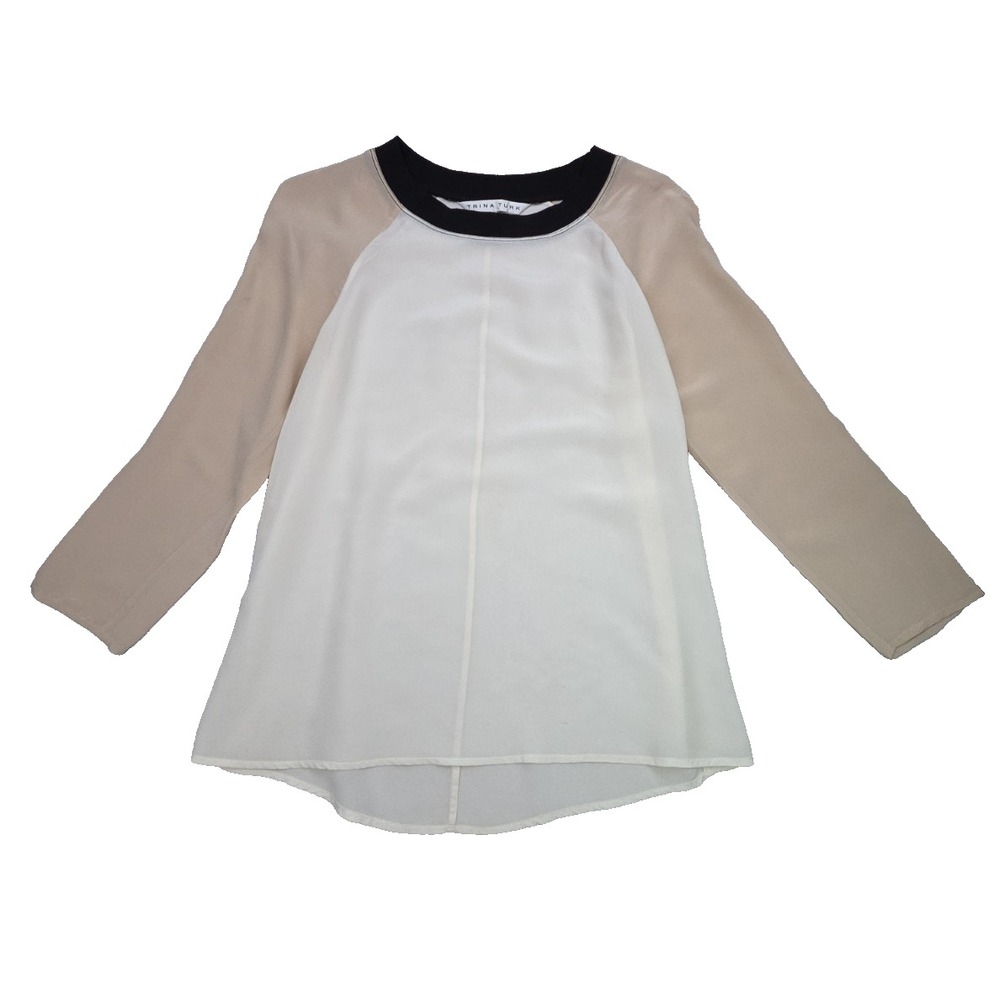 TRINA TURK Raglan Blouse Color Block Silk Pink Ivory Black Size Small Baseball